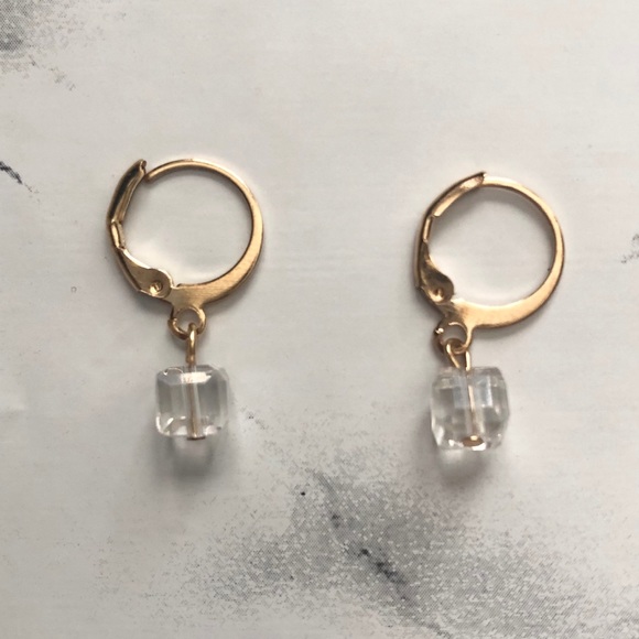 Dainty Dangle Clear Cube Hoop Drop Earrings Gold - Picture 2 of 5